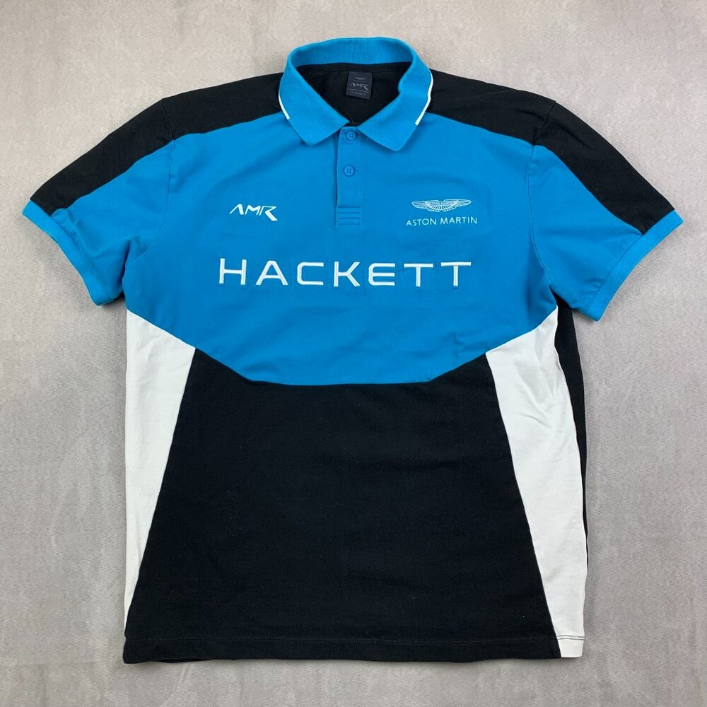 Hackett Aston Martin Men Shirt Large Slim Blue Black Colorblock Polo Pique Cars